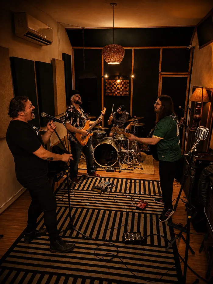 Rockaus durante ensaio no estúdio, em Porto Alegre