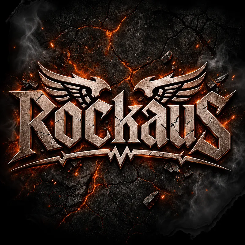Arte com o logotipo da banda Rockaus em metal sobre fundo de brasa